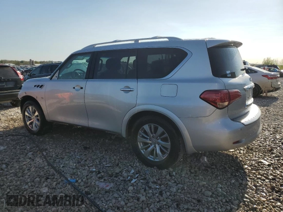 2015 Infiniti QX80 z VIN JN8AZ2NE5F9080124, wystawiony jako Copart lot #55226415 z przebiegiem Nie podano mil oraz Czysty tytuł • Clean title. Historia ofert i sprzedaży dostępna na DreamBid. Obrazek 2.