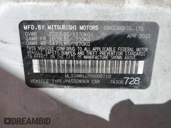 2023 Mitsubishi Mirage Black Edition z VIN ML32AWHJ7PH006110, wystawiony jako Copart lot #48517995 z przebiegiem 33 828 mil mil oraz Szkoda całkowita • Salvage title. Historia ofert i sprzedaży dostępna na DreamBid. Obrazek 12.