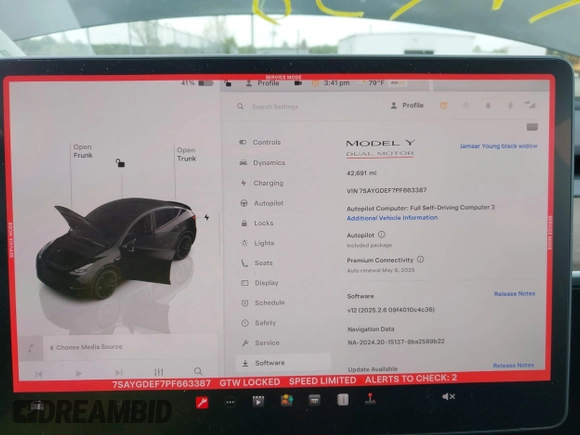 2023 Tesla Model Y Performance z VIN 7SAYGDEF7PF663387, wystawiony jako IAAI lot #42129258 z przebiegiem 42 691 mil mil oraz . Historia ofert i sprzedaży dostępna na DreamBid. Obrazek 7.