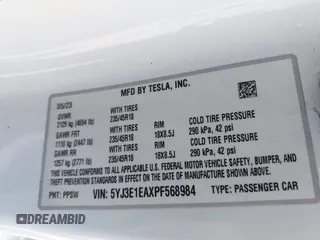 2023 Tesla Model 3 с VIN 5YJ3E1EAXPF568984, выставлен на аукционе IAAI как лот 42346535 с пробегом 32 242 миль миль и . История ставок и продаж доступна на DreamBid. Изображение 9.
