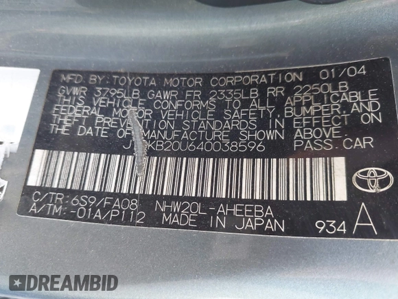2004 Toyota Prius with VIN JTDKB20U640038596, listed as a IAAI auction lot 42120941 with 245,743 mi miles. Bid and sale history available at carsss.com. Image 9.