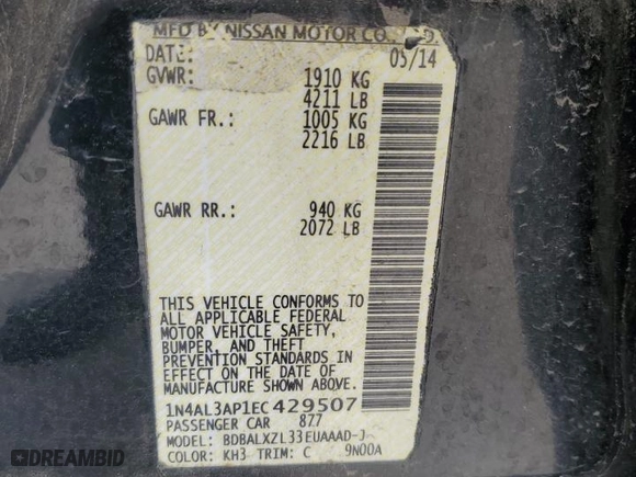 2014 Nissan Altima 2.5 SV with VIN 1N4AL3AP1EC429507, listed as a Copart auction lot 53527875 with 209,232 mi miles and Clean Title. Bid and sale history available at carsss.com. Image 12.