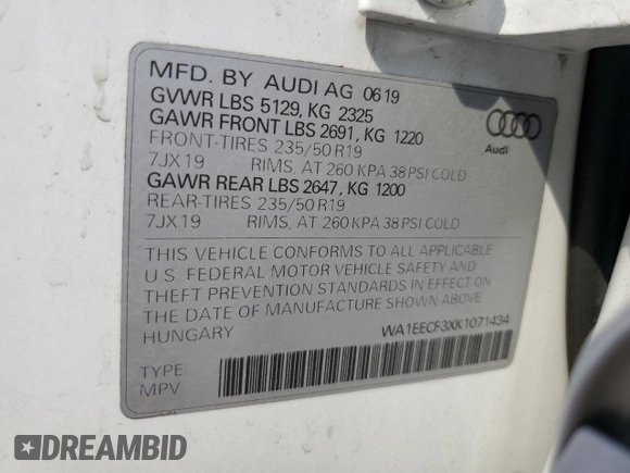 2019 Audi Q3 S line Premium Plus with VIN WA1EECF3XK1071434, listed as a Copart auction lot 58988474 with 36,064 mi miles and Salvage Title. Bid and sale history available at carsss.com. Image 14.