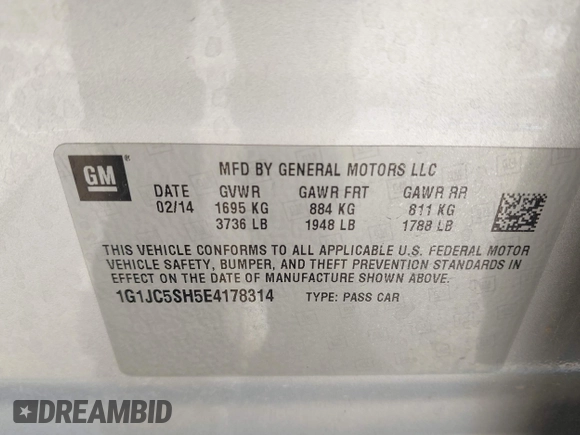 2014 Chevrolet Sonic LT with VIN 1G1JC5SH5E4178314, listed as a IAAI auction lot 41657818 with 139,959 mi miles and . Bid and sale history available at DreamBid. Image 9.