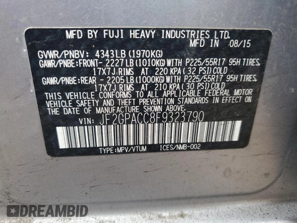 2015 Subaru Crosstrek Premium with VIN JF2GPACC8F9323790, listed as a Copart auction lot 54626695 with 130,777 mi miles and Salvage title. Bid and sale history available at DreamBid. Image 13.