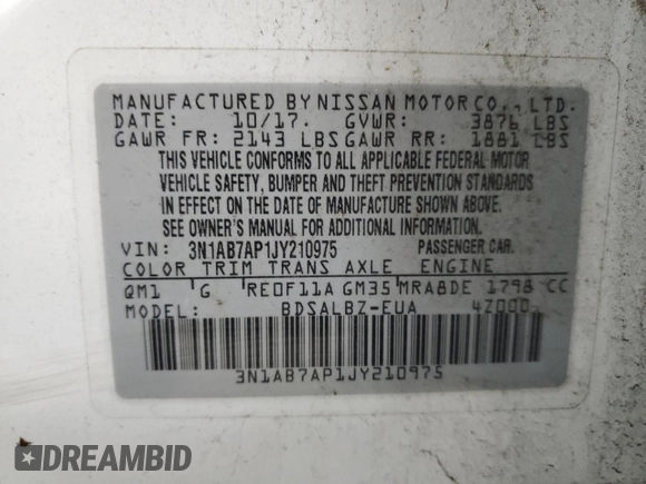2018 Nissan Sentra S with VIN 3N1AB7AP1JY210975, listed as a Copart auction lot 52026665 with 78,496 mi miles and Salvage Title. Bid and sale history available at carsss.com. Image 12.