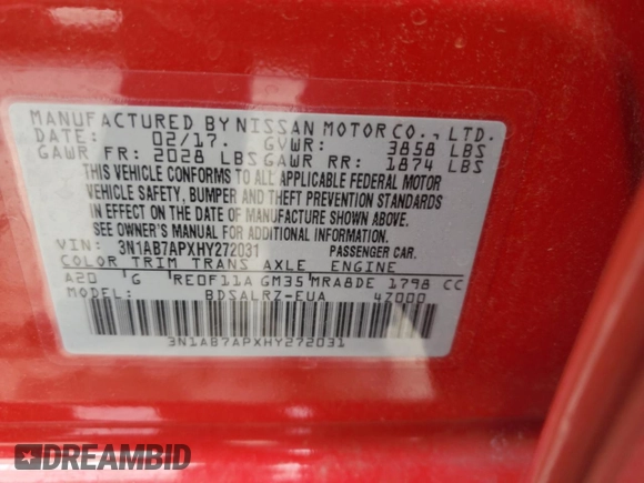 2017 Nissan Sentra SV with VIN 3N1AB7APXHY272031, listed as a Copart auction lot 56201515 with 94,049 mi miles and Salvage title. Bid and sale history available at DreamBid. Image 12.