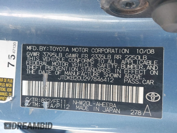2009 Toyota Prius with VIN JTDKB20U297846412, listed as a IAAI auction lot 42189578 with 235,818 mi miles and . Bid and sale history available at DreamBid. Image 9.