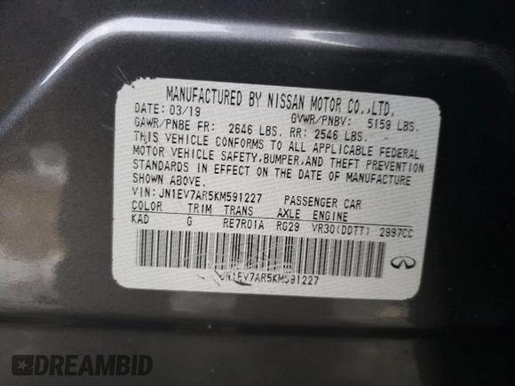 2019 Infiniti Q50 Luxe with VIN JN1EV7AR5KM591227, listed as a Copart auction lot 48151375 with 62,781 mi miles and Salvage Title. Bid and sale history available at DreamBid. Image 12.