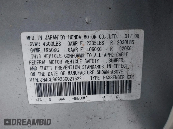 2008 Acura TSX Nav with VIN JH4CL96928C021522, listed as a IAAI auction lot 41782013 with 116,655 mi miles. Bid and sale history available at carsss.com. Image 9.