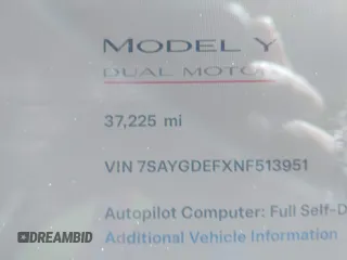2022 Tesla Model Y Performance with VIN 7SAYGDEFXNF513951, listed as a IAAI auction lot 41986001 with 37,225 mi miles and . Bid and sale history available at DreamBid. Image 14.