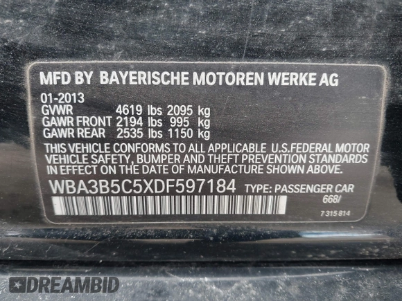 2013 BMW 3 Series 328i xDrive with VIN WBA3B5C5XDF597184, listed as a IAAI auction lot 42060785 with 205,559 mi miles. Bid and sale history available at carsss.com. Image 9.
