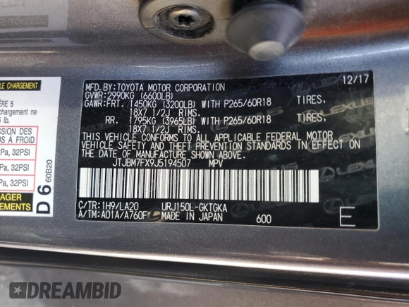 2018 Lexus GX 460 with VIN JTJBM7FX9J5194507, listed as a Copart auction lot 61081495 with 88,850 mi miles and Salvage title. Bid and sale history available at DreamBid. Image 14.