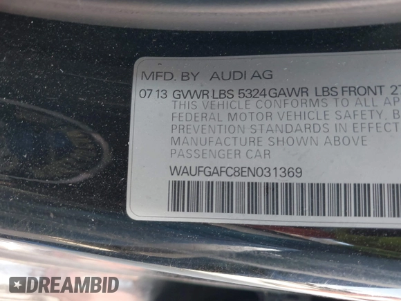 2014 Audi A6 Premium Plus with VIN WAUFGAFC8EN031369, listed as a IAAI auction lot 42245643 with Not provided miles and . Bid and sale history available at DreamBid. Image 9.