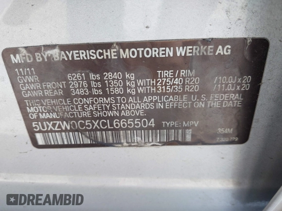 2012 BMW X5 35d z VIN 5UXZW0C5XCL665504, wystawiony jako IAAI lot #41835285 z przebiegiem 134 245 mil mil oraz . Historia ofert i sprzedaży dostępna na DreamBid. Obrazek 9.