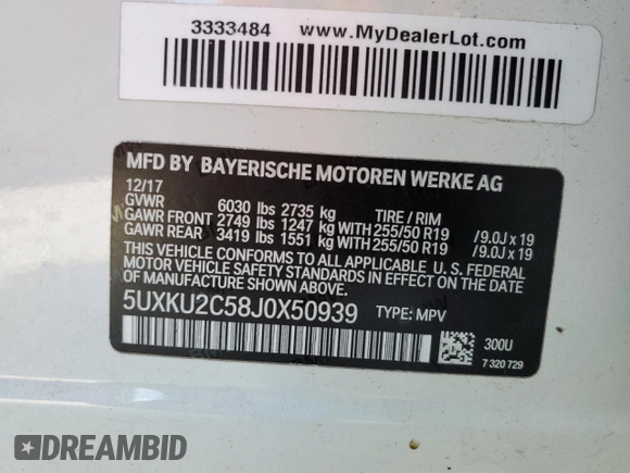 2018 BMW X6 xDrive35i with VIN 5UXKU2C58J0X50939, listed as a Copart auction lot 59681822 with 0 mi miles. Bid and sale history available at carsss.com. Image 10.