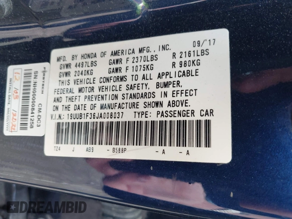 2018 Acura TLX with VIN 19UUB1F36JA008037, listed as a IAAI auction lot 42460254 with 101,477 mi miles and . Bid and sale history available at DreamBid. Image 9.
