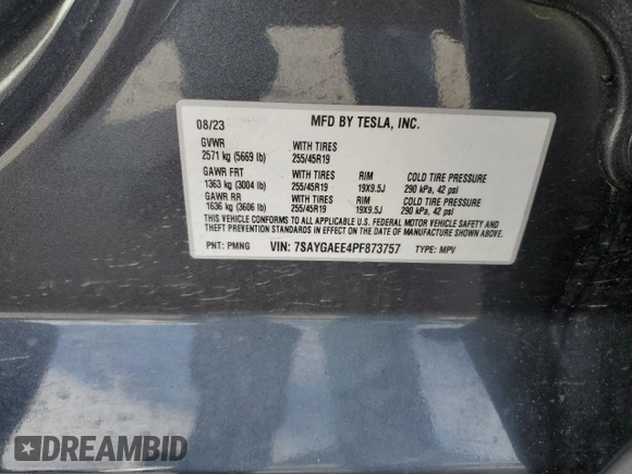 2023 Tesla Model Y Long Range with VIN 7SAYGAEE4PF873757, listed as a Copart auction lot 49530325 with 16,238 mi miles and Salvage Title. Bid and sale history available at DreamBid. Image 12.