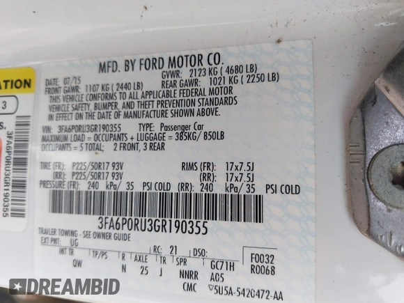 2016 Ford Fusion Titanium Hybrid with VIN 3FA6P0RU3GR190355, listed as a IAAI auction lot 42384309 with 157,172 mi miles and . Bid and sale history available at DreamBid. Image 9.