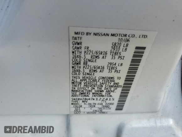 2007 Nissan Quest S with VIN 5N1BV28U47N122415, listed as a Copart auction lot 80193794 with 126,334 mi miles and Salvage Title. Bid and sale history available at carsss.com. Image 14.