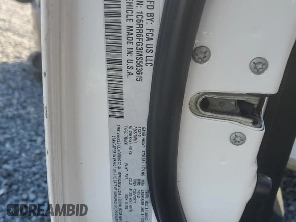 2021 Ram 1500 Tradesman with VIN 1C6RR6FG3MS563615, listed as a Copart auction lot 47179585 with 57,348 mi miles and Salvage title. Bid and sale history available at DreamBid. Image 12.