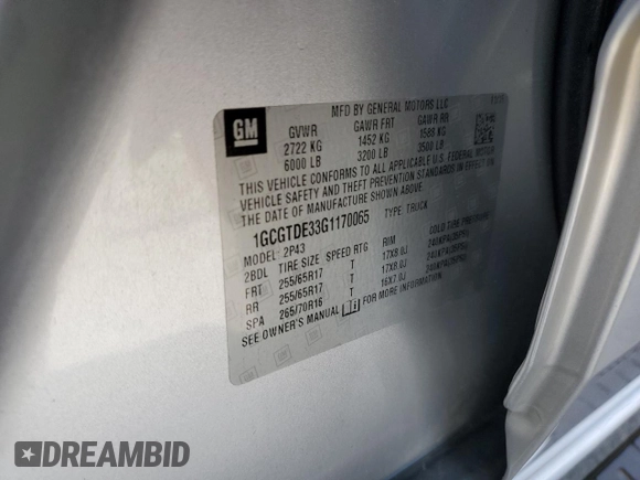 2016 Chevrolet Colorado 4WD Z71 with VIN 1GCGTDE33G1170065, listed as a Copart auction lot 55920665 with 135,410 mi miles and Salvage title. Bid and sale history available at DreamBid. Image 12.