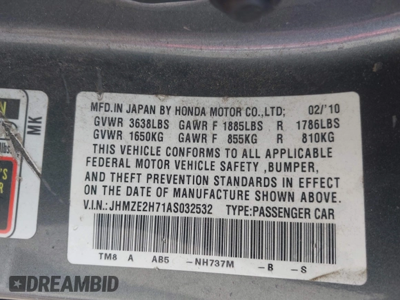 2010 Honda Insight EX with VIN JHMZE2H71AS032532, listed as a IAAI auction lot 41988221 with 333,144 mi miles and . Bid and sale history available at DreamBid. Image 9.