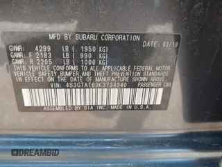 2019 Subaru Impreza Limited с VIN 4S3GTAT63K3734340, выставлен на аукционе IAAI как лот 42286315 с пробегом 48 571 миль миль и . История ставок и продаж доступна на DreamBid. Изображение 9.