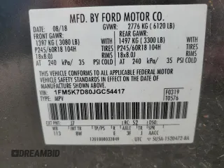 2018 Ford Explorer XLT z VIN 1FM5K7D80JGC54417, wystawiony jako Copart lot #54900345 z przebiegiem 84 896 mil mil oraz Szkoda całkowita • Salvage title. Historia ofert i sprzedaży dostępna na DreamBid. Obrazek 13.