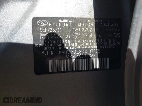 2012 Hyundai Elantra Limited with VIN KMHDH4AE3CU307375, listed as a IAAI auction lot 41857246 with 183,389 mi miles. Bid and sale history available at carsss.com. Image 9.