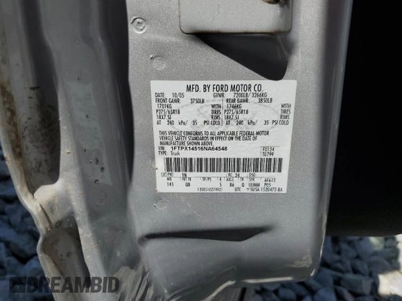 2006 Ford F-150 XLT with VIN 1FTPX14516NA64548, listed as a Copart auction lot 49495875 with 0 mi miles and Salvage Title. Bid and sale history available at carsss.com. Image 12.