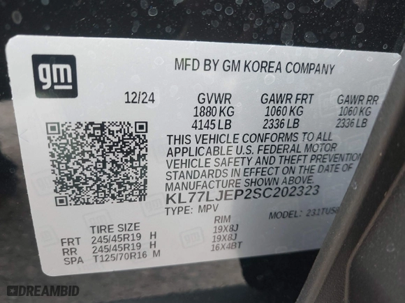 2025 Chevrolet Trax 2RS with VIN KL77LJEP2SC202323, listed as a IAAI auction lot 41738164 with 235 mi miles. Bid and sale history available at carsss.com. Image 9.