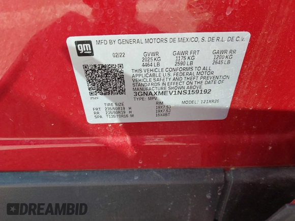 2022 Chevrolet Equinox RS with VIN 3GNAXMEV1NS159192, listed as a IAAI auction lot 41864811 with 30,364 mi miles and . Bid and sale history available at DreamBid. Image 9.