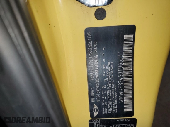 2003 MINI Hardtop S with VIN WMWRE33453TD66337, listed as a Copart auction lot 45058495 with 79,246 mi miles and Clean Title. Bid and sale history available at DreamBid. Image 12.