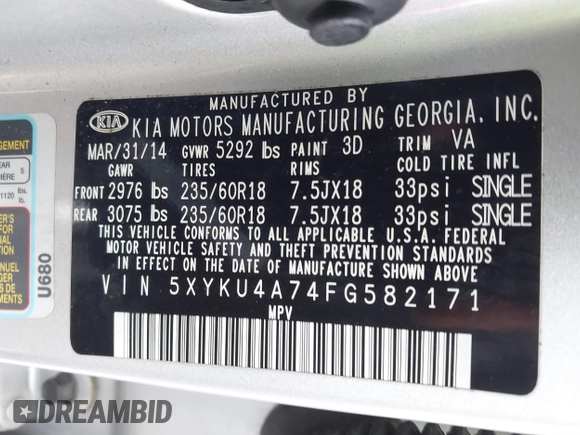 2015 Kia Sorento EX with VIN 5XYKU4A74FG582171, listed as a IAAI auction lot 41609620 with 159,502 mi miles. Bid and sale history available at carsss.com. Image 9.