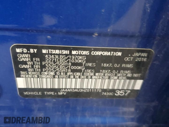 2017 Mitsubishi Outlander Sport ES 2.0 with VIN JA4AR3AU3HZ011170, listed as a Copart auction lot 53728225 with 112,306 mi miles and Salvage Title. Bid and sale history available at carsss.com. Image 13.