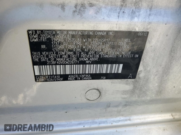 2012 Toyota RAV4 z VIN 2T3BF4DV0CW226771, wystawiony jako Copart lot #62187455 z przebiegiem 191 220 mil mil oraz Szkoda całkowita • Salvage title. Historia ofert i sprzedaży dostępna na DreamBid. Obrazek 13.
