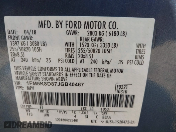 2018 Ford Explorer XLT с VIN 1FM5K8D87JGB40467, выставлен на аукционе IAAI как лот 42369778 с пробегом 149 360 миль миль и . История ставок и продаж доступна на DreamBid. Изображение 9.