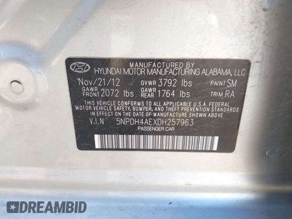 2013 Hyundai Elantra Limited with VIN 5NPDH4AEXDH257963, listed as a IAAI auction lot 42160450 with 123,900 mi miles and . Bid and sale history available at DreamBid. Image 9.