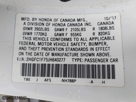 2018 Honda Civic Sedan EX-L with VIN 2HGFC1F75JH640277, listed as a IAAI auction lot 41420475 with 143,616 mi miles. Bid and sale history available at carsss.com. Image 9.