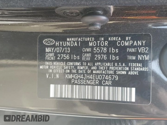 2014 Hyundai Equus Signature with VIN KMHGH4JH4EU074679, listed as a Copart auction lot 56581505 with 118,846 mi miles and Salvage title. Bid and sale history available at DreamBid. Image 12.