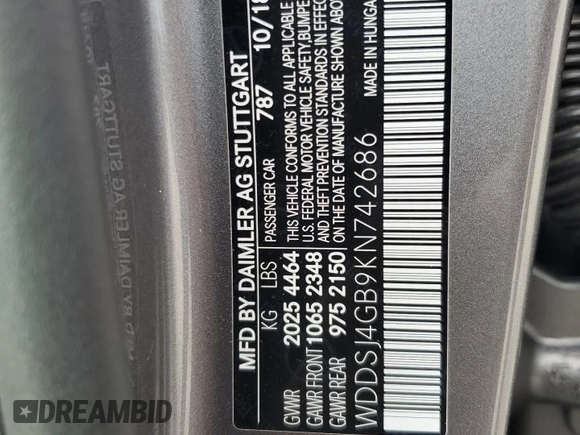 2019 Mercedes-Benz CLA with VIN WDDSJ4GB9KN742686, listed as a Copart auction lot 62292353 with 58,122 mi miles. Bid and sale history available at carsss.com. Image 12.