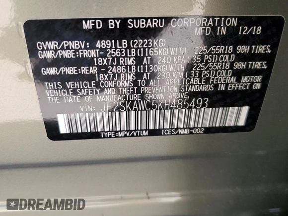 2019 Subaru Forester Touring with VIN JF2SKAWC5KH485493, listed as a Copart auction lot 52007535 with 38,308 mi miles and Salvage Title. Bid and sale history available at carsss.com. Image 14.