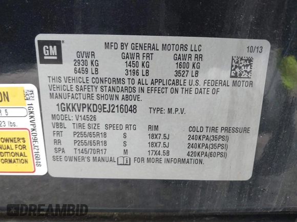 2014 GMC Acadia SLE with VIN 1GKKVPKD9EJ216048, listed as a IAAI auction lot 39934955 with 38,335 mi miles and . Bid and sale history available at carsss.com. Image 9.