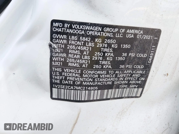 2021 Volkswagen Atlas SEL z VIN 1V2SE2CA7MC214805, wystawiony jako IAAI lot #42374591 z przebiegiem 61 775 mil mil oraz . Historia ofert i sprzedaży dostępna na DreamBid. Obrazek 9.