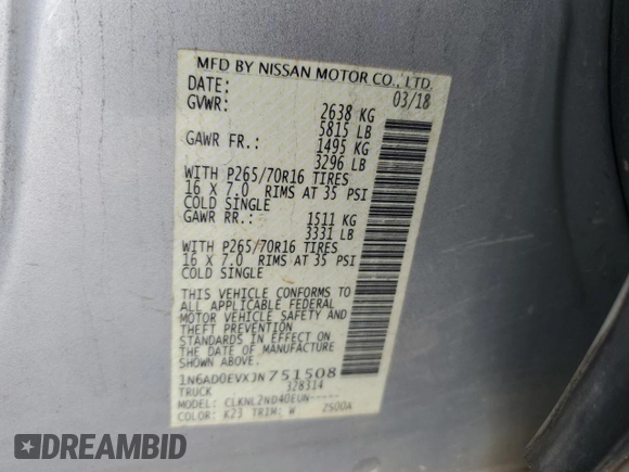 2018 Nissan Frontier SV with VIN 1N6AD0EVXJN751508, listed as a Copart auction lot 57654595 with 128,862 mi miles and Salvage title. Bid and sale history available at DreamBid. Image 12.