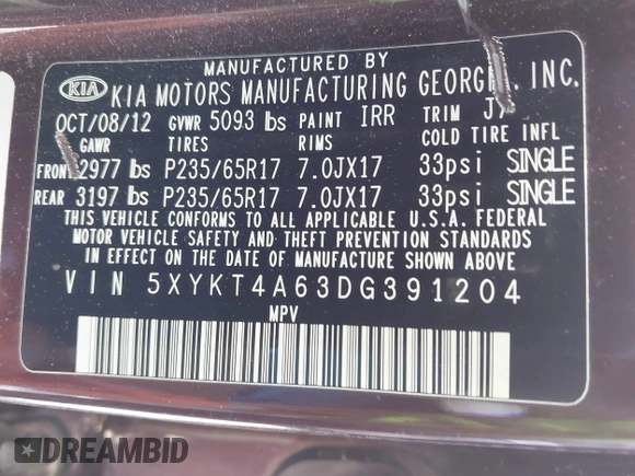 2013 Kia Sorento LX with VIN 5XYKT4A63DG391204, listed as a IAAI auction lot 42772716 with 84,793 mi miles and . Bid and sale history available at DreamBid. Image 9.