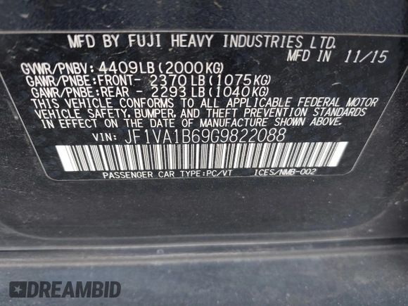 2016 Subaru WRX with VIN JF1VA1B69G9822088, listed as a IAAI auction lot 41967358 with 83,263 mi miles. Bid and sale history available at carsss.com. Image 9.