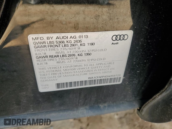 2013 Audi Q5 Premium with VIN WA1CFAFP4DA059729, listed as a Copart auction lot 47842945 with 115,248 mi miles and Salvage Title. Bid and sale history available at carsss.com. Image 15.