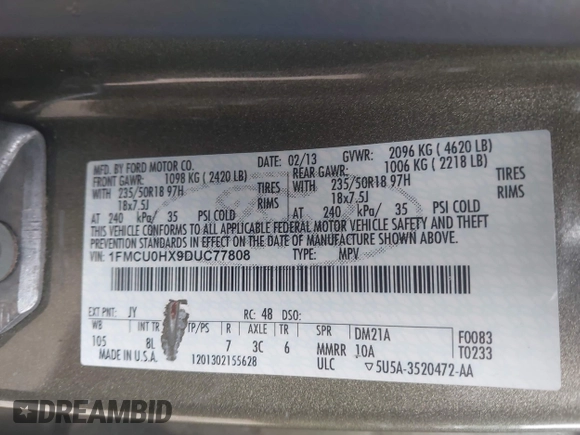 2013 Ford Escape SEL with VIN 1FMCU0HX9DUC77808, listed as a IAAI auction lot 41967998 with 71,196 mi miles. Bid and sale history available at carsss.com. Image 9.